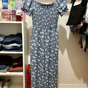 Blue Floral Smocked Jumpsuit